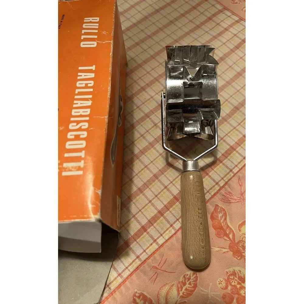 Vintage Italy Rolling Cookie Roller Cutter Metal Wooden Handle 6 Shapes Biscotti
